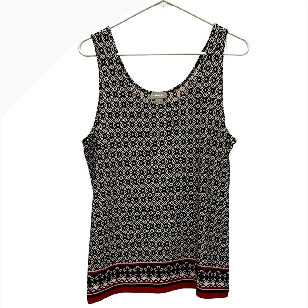 Chicos Travelers Tank Top Geometric Tile Print Red Border Black White Size 2 L